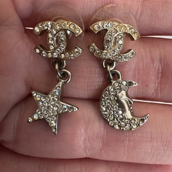 CHANEL Gold and Silver Crystal Moon and Star Earrings - Picture 2 of 4